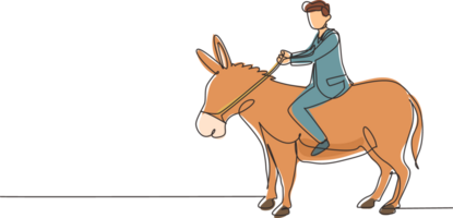 Single one line drawing businessman riding a donkey. Business man rides donkey. Driving donkey. Goal achievement concept. Business competition. Continuous line draw design graphic illustration png