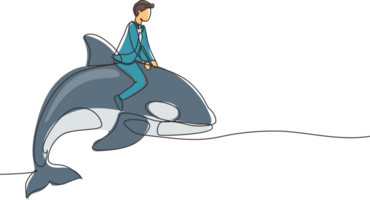 Single one line drawing brave businessman riding huge dangerous orca. Professional entrepreneur male character fight with predator. Successful business man. Modern continuous line draw design graphic png