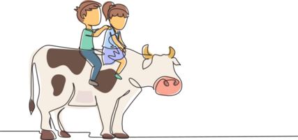 Célibataire un ligne dessin content peu garçon et fille équitation vache ensemble. les enfants séance sur retour vache avec selle dans ranch sol. des gamins apprentissage à balade vache. continu ligne dessiner conception graphique png