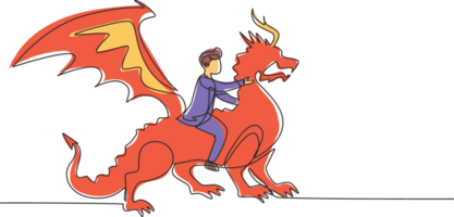 Célibataire continu ligne dessin homme d'affaire équitation dragon. conquête adversité, courage, la victoire, direction dans entreprise. professionnel entrepreneur. un ligne dessiner graphique conception illustration png