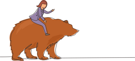 Single continuous line drawing businesswoman rides on bear in stock market trading concept. stock market analysis, business and investment, stock exchange. Dynamic one line draw graphic design png