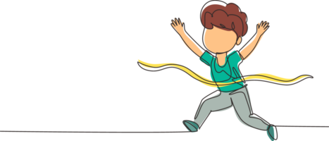 Single continuous line drawing cute boy run in race and win first place. Little kid running to finish line first, children physical activity concept. One line draw graphic design illustration png