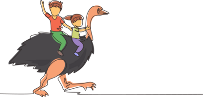 Continuous one line drawing happy little boy and girl riding cute ostrich together. Children sitting on back ostrich with holding its neck. Kid learning to ride ostrich. Single line draw design png
