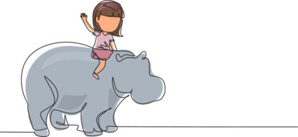 contínuo 1 linha desenhando feliz pequeno menina equitação Forte hipopótamo. criança sentado em costas hipopótamo dentro jardim zoológico. crianças Aprendendo para passeio hipopótamo. solteiro linha desenhar Projeto gráfico ilustração png