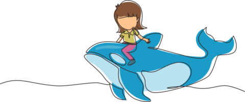 Single continuous line drawing little girl riding orca. Young kid sitting on back whale killer in swimming pool. Whale killer or orca in water. Dynamic one line draw graphic design illustration png