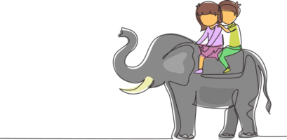 Single continuous line drawing happy little boy and girl riding elephant together. Children sitting on back elephant and travelling. Kids learning to ride elephant. One line draw graphic design png