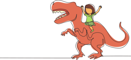 singolo continuo linea disegno ragazza uomo delle caverne equitazione t-rex tirannosauro. giovane ragazzo seduta su indietro di dinosauro. pietra età bambini. antico umano vita. uno linea disegnare grafico design illustrazione png