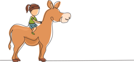 Single einer Linie Zeichnung glücklich süß Mädchen Reiten süß Esel. Kind Sitzung auf zurück Esel mit Sattel im Ranch Park. Kind Lernen zu Reiten Esel. kontinuierlich Linie zeichnen Design Grafik Illustration png
