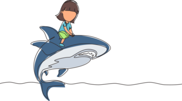 Continuous one line drawing little girl riding inflatable shark. Young kid sitting on back shark in swimming pool. Shark ocean fish in deep water. Single line draw design graphic illustration png