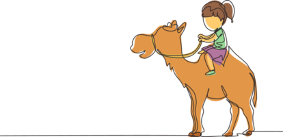 Single continuous line drawing happy little girl riding camel. Child sitting on hump camel with saddle in desert. Kids learning to ride camel. Dynamic one line draw graphic design illustration png