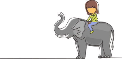 Single one line drawing happy little girl riding elephant. Child sitting on back elephant and travelling. Kids learning to ride elephant. Modern continuous line draw design graphic illustration png