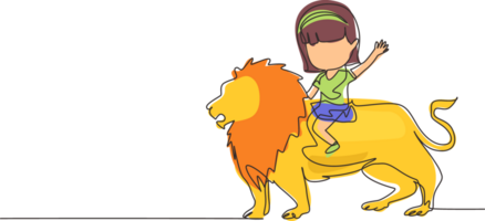 Single one line drawing happy little girl riding lion. Child sitting on back big lion at circus event. Kid learning to ride beast animal. Modern continuous line draw design graphic illustration png