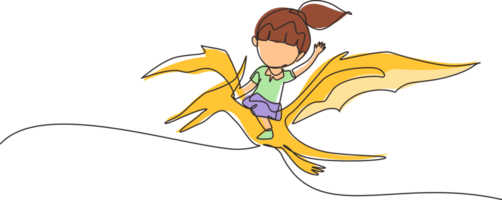 Continuous one line drawing girl riding flying dinosaur. Pterodactyl ride with young kid sitting on back of dinosaur and flying high in sky. Single line draw design graphic illustration png