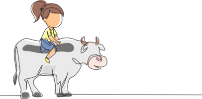 contínuo 1 linha desenhando feliz pequeno menina equitação vaca. alegre criança sentado em costas vaca com selim dentro rancho chão. crianças Aprendendo para passeio vaca. solteiro linha desenhar Projeto gráfico ilustração png