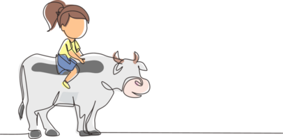 continuo uno linea disegno contento poco ragazza equitazione mucca. allegro bambino seduta su indietro mucca con sella nel ranch terra. bambini apprendimento per cavalcata mucca. singolo linea disegnare design grafico illustrazione png