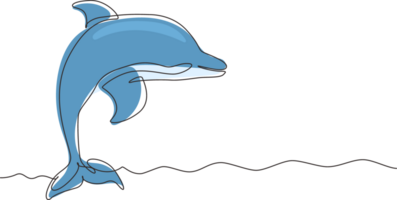 Single one line drawing cute dolphins. Cute blue dolphins, dolphin jumping and performing tricks with ball for entertainment show. Modern continuous line draw design graphic illustration png