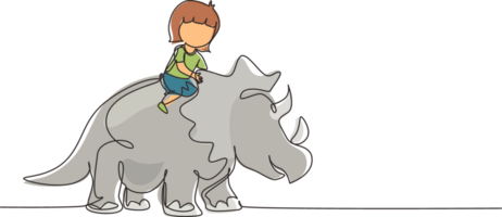 Continuous one line drawing little girl caveman riding triceratops. Young kid sitting on back of dinosaur. Stone age children. Ancient human life. Single line draw design graphic illustration png