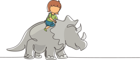 kontinuierlich einer Linie Zeichnung wenig Mädchen Höhlenmensch Reiten Triceratops. jung Kind Sitzung auf zurück von Dinosaurier. Stein Alter Kinder. uralt Mensch Leben. Single Linie zeichnen Design Grafik Illustration png