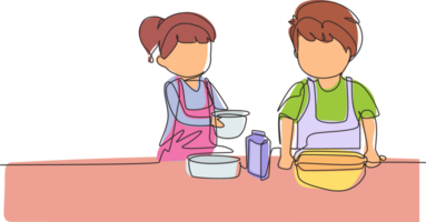 contínuo 1 linha desenhando irmãos Garoto e menina cozimento juntos com rolando PIN às cozinha contador. feliz crianças fazer caseiro padaria às lar. solteiro linha desenhar Projeto gráfico ilustração png