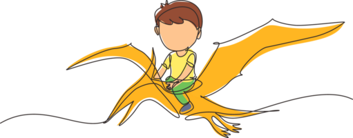 Single continuous line drawing boy riding flying dinosaur. Pterodactyl ride with young kid sitting on back of dinosaur and flying high in sky. Dynamic one line draw graphic design illustration png