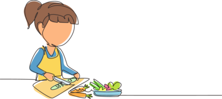 Single continuous line drawing little girl is cutting carrot and other fresh vegetables. Smiling child is enjoying cooking at home to help mother. One line draw graphic design illustration png