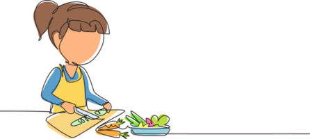 Célibataire continu ligne dessin peu fille est Coupe carotte et autre Frais des légumes. souriant enfant est profiter cuisine à Accueil à Aidez-moi mère. un ligne dessiner graphique conception illustration png