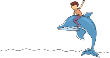 Célibataire continu ligne dessin peu garçon équitation dauphin. Jeune enfant séance sur retour dauphin dans nager bassin. les enfants avec dauphin nager dans l'eau. un ligne dessiner graphique conception illustration png