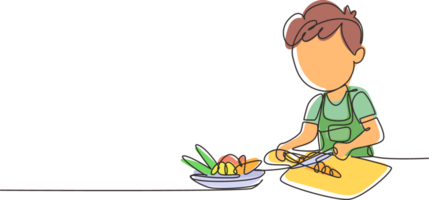 Single one line drawing little girl is cutting carrot and other fresh vegetables. Smiling child is enjoying cooking at home to help mother. Continuous line draw design graphic illustration png