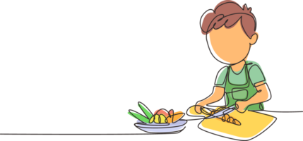 Célibataire un ligne dessin peu fille est Coupe carotte et autre Frais des légumes. souriant enfant est profiter cuisine à Accueil à Aidez-moi mère. continu ligne dessiner conception graphique illustration png