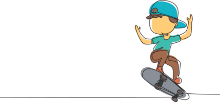 Continuous one line drawing happy smiling boy playing on skateboard. Kid accelerating doing jumping. Children on skateboarding ride at playground. Single line draw design graphic illustration png
