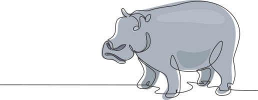 Single continuous line drawing big cute hippopotamus for company logo identity. Huge wild hippo animal mascot concept for national safari zoo. Dynamic one line draw graphic design illustration png
