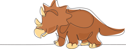Single continuous line drawing triceratops dinosaur. Large prehistoric dinosaur triceratops. Extinct ancient animals. Animal history concept. Dynamic one line draw graphic design illustration png