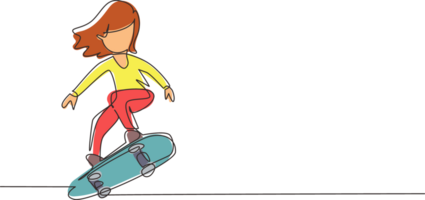 soltero continuo línea dibujo contento sonriente niña jugando en patineta. niño acelerador haciendo saltando niños en patinar paseo a patio de juegos. uno línea dibujar gráfico diseño ilustración png