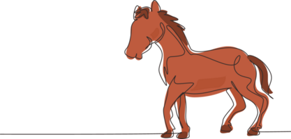 singolo continuo linea disegno orgoglioso bianca cavallo passeggiate con grazia con suo davanti zoccolo inoltrare. selvaggio mustang galoppa nel gratuito natura. addomesticati cavallo. uno linea disegnare grafico design illustrazione png