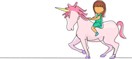 Single continuous line drawing happy cute girl riding cute unicorn. Child sitting on back unicorn in fairy tale dream. Kids learning to ride unicorn. One line draw graphic design illustration png