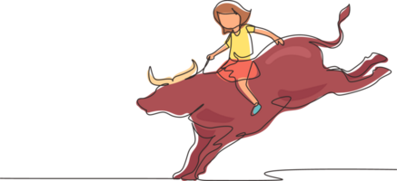 contínuo 1 linha desenhando feliz fofa criança menina equitação touro. criança sentado em costas touro com selim dentro vaqueiro rancho. crianças Aprendendo para passeio touro. solteiro linha desenhar Projeto gráfico ilustração png