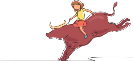 continu un ligne dessin content mignonne enfant fille équitation taureau. enfant séance sur retour taureau avec selle dans cow-boy ranch. des gamins apprentissage à balade taureau. Célibataire ligne dessiner conception graphique illustration png