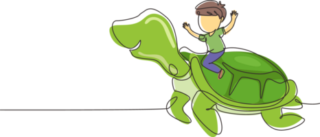 Single continuous line drawing little boy riding sea turtle. Child sitting on back tortoise with fins diving in beach. Kids learning to ride turtle. One line draw graphic design illustration png