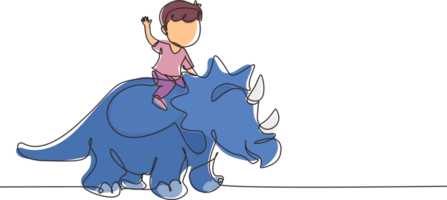 Single einer Linie Zeichnung wenig Junge Höhlenmensch Reiten Triceratops. jung Kind Sitzung auf zurück von Dinosaurier. Stein Alter Kinder. uralt Mensch Leben. kontinuierlich Linie zeichnen Design Grafik Illustration png