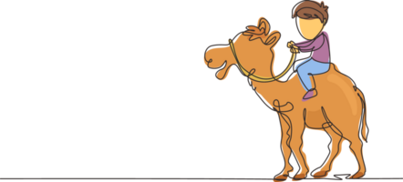 Single one line drawing happy little boy riding camel. Child sitting on hump camel with saddle in desert. Kids learning to ride camel. Modern continuous line draw design graphic illustration png