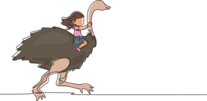 Continuous one line drawing happy little girl riding ostrich. Child sitting on back ostrich with holding its neck. Kid learning to ride ostrich. Single line draw design graphic illustration png