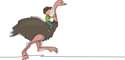 Single continuous line drawing happy little boy riding cute ostrich. Child sitting on back ostrich with holding its neck. Kid learning to ride ostrich. One line draw graphic design illustration png