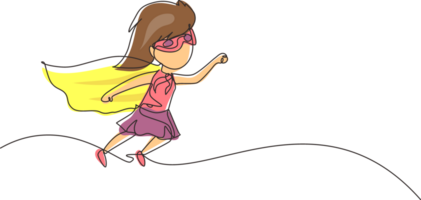 Continuous one line drawing cute super girl. Little girl dressed as super hero flying in traditional heroic pose, stretching up her arm, cape in wind develops. Single line draw design graphic png