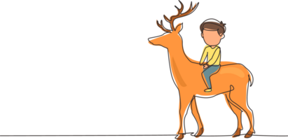 Single continuous line drawing happy little boy riding deer. Child sitting on back deer with saddle in ranch ground. Kids learning to ride reindeer. One line draw graphic design illustration png
