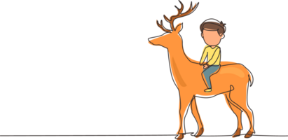 Célibataire continu ligne dessin content peu garçon équitation cerf. enfant séance sur retour cerf avec selle dans ranch sol. des gamins apprentissage à balade renne. un ligne dessiner graphique conception illustration png