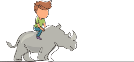 Single one line drawing happy boy riding rhino rhinoceros. Child sitting on back rhinoceros in zoo. Kids learning to ride rhinoceros. Modern continuous line draw design graphic illustration png