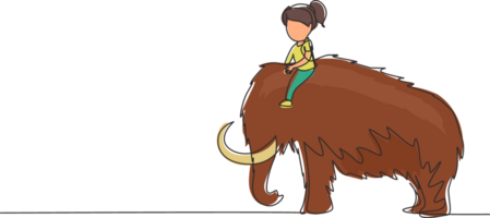 Single continuous line drawing little girl caveman riding woolly mammoth. Young kid sitting on back of mammoth. Stone age children. Ancient human life. One line draw graphic design illustration png