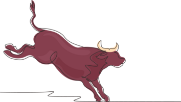 Continuous one line drawing wild bull attack. Elegance buffalo for conservation national park logo identity. Big strong bull mascot concept for rodeo show. Single line draw design graphic png