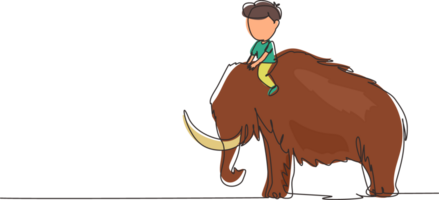 Continuous one line drawing little boy caveman riding woolly mammoth. Young kid sitting on back of mammoth. Stone age children. Ancient human life. Single line draw design graphic illustration png