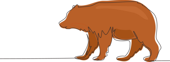 Continuous one line drawing giant bear walking forward in the jungle. Strong wild grizzly brown bear mammal mascot. Dangerous big beast animal. Single line draw design graphic illustration png